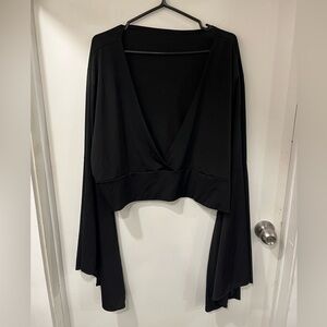 Black Cropped top with long bell sleeves and deep v neck